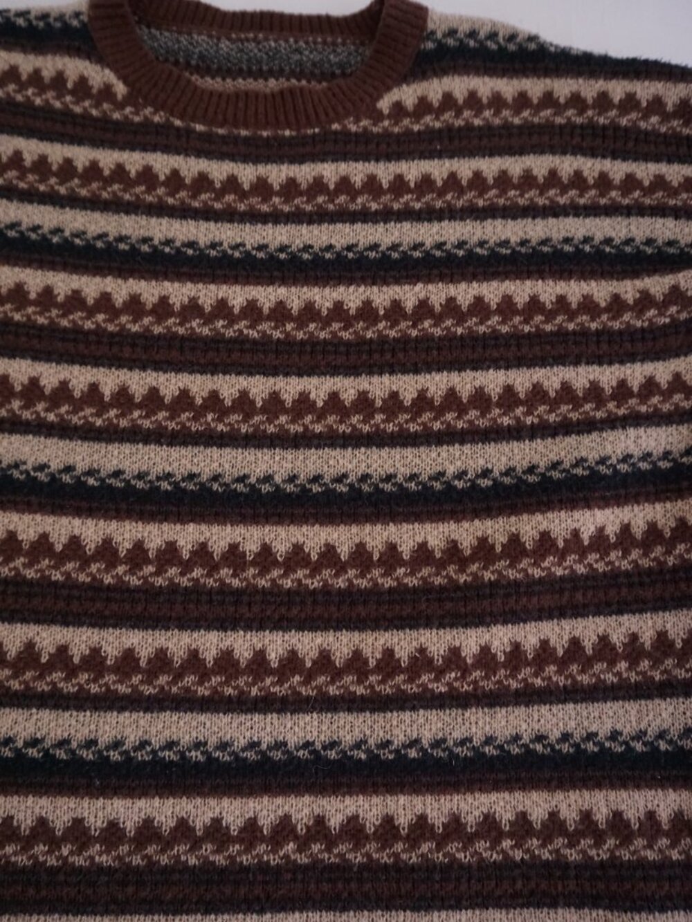 Vintage Brown Cream Nordic Fair Isle Stripe Fisherman Cabin Knit Sweater L - Picture 7 of 10